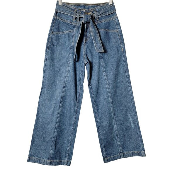 Jealous 21 Womens Belted High Rise Wide Leg Retro Crop Denim Blue Jeans Size 26 - Picture 1 of 11